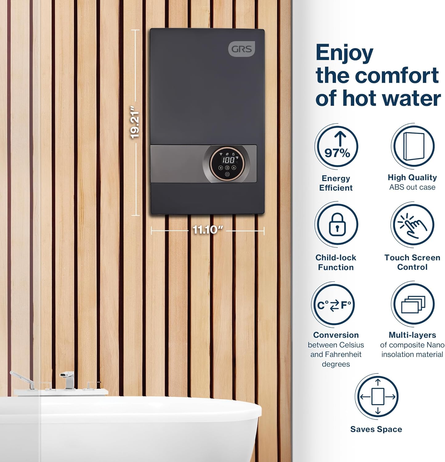 GRS Tankless Water Heater Electric, 27KW Instant Hot Water Heater, 24-Hour Hot Water Supply for Shower, Kitchen, Whole H