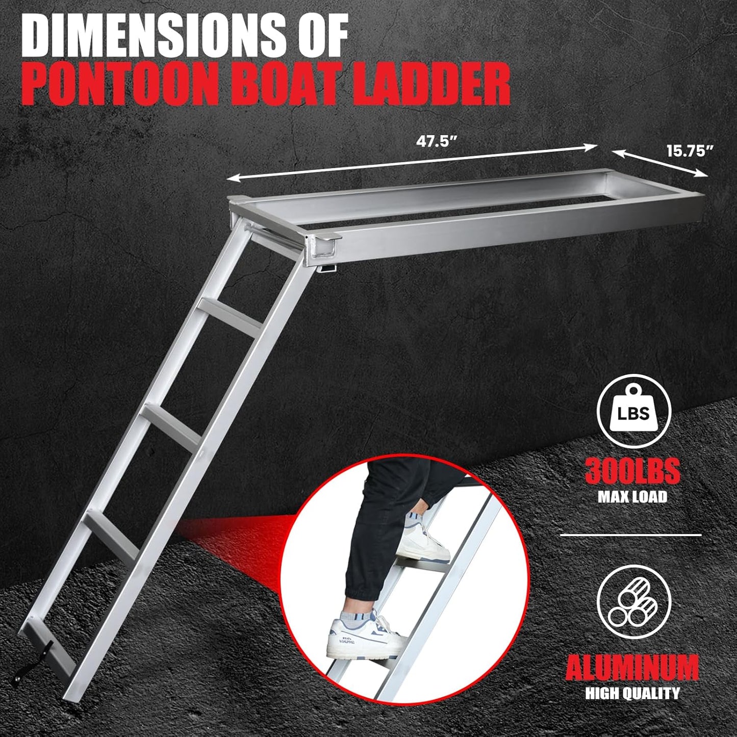 Pontoon Boat Ladder 4 Steps 300Ibs, Aluminum Undermount Pontoon Ladder with Nonslip Design, Heavy Duty Self Storing Boat Ladder