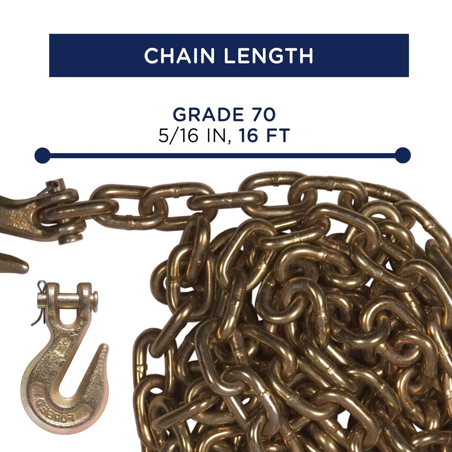 Tiedown Chains with Pulling Hooks  Grade 70 Stainless Steel Safety Tie Out Chain for Trucks, Trailers, RV  16-Inch Heavy Duty Tow Chain for