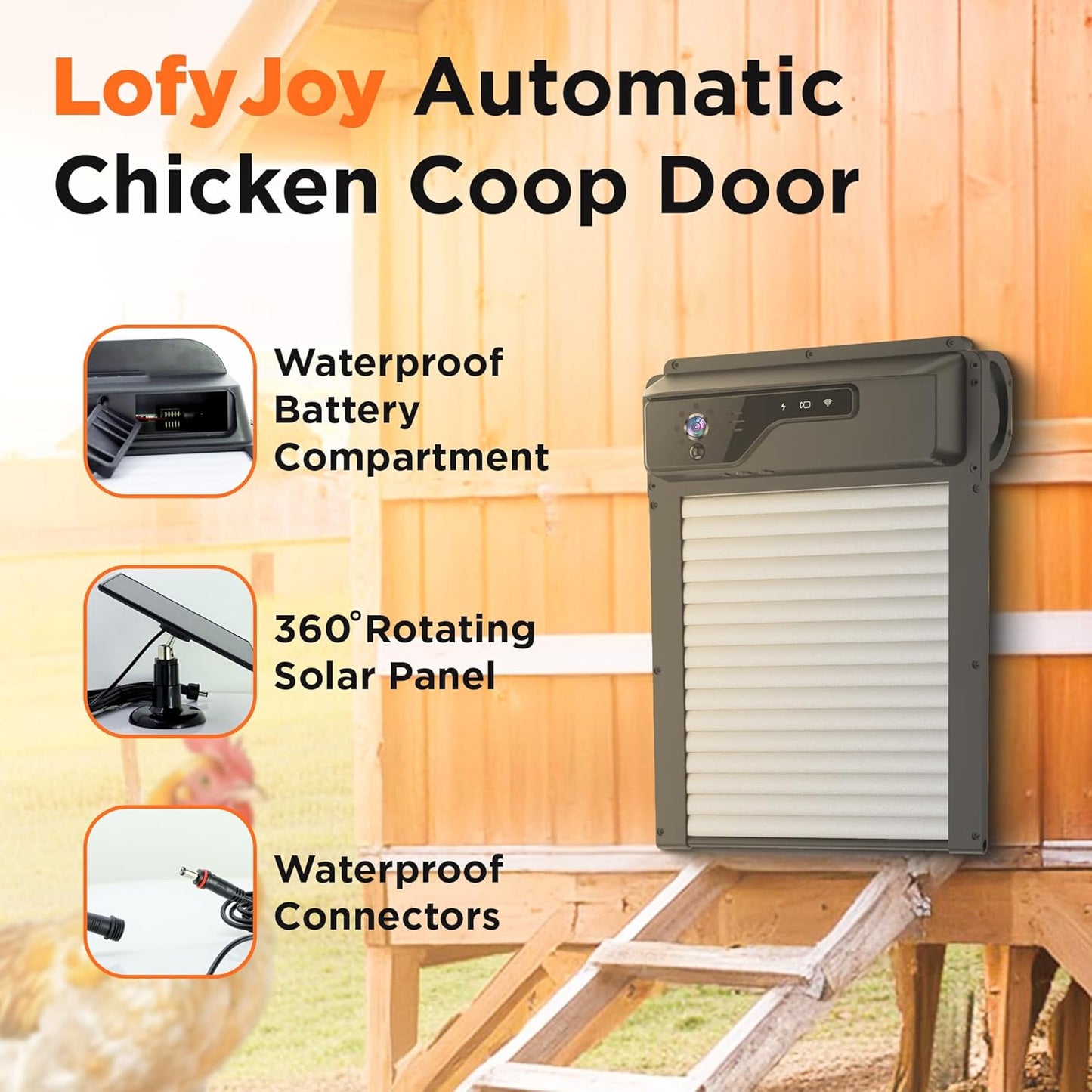 LofyJoy Automatic Chicken Coop Door - Solar Powered & WiFi Enabled Automatic Chicken Door with HD 1080P Camera, Timer, Sensor, Remote, Mobile App,