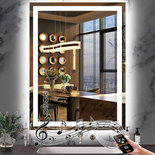 Bluetooth 24 x 32 Inch Lighted Vanity Mirror with Lights and Bluetooth Speaker Music LED mirror for Bathroom Wall LED Mirror Anti Fog 3 Color