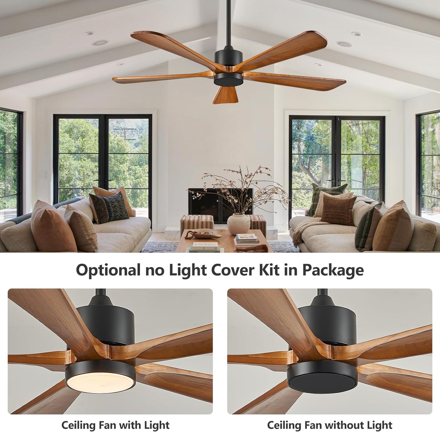 BOOSANT 52' Modern Ceiling Fan with Lights and Remote Control, 5 Solid Wood Blades 6-Speed Noiseless Reversible DC Motor, Ceiling Fan for Bedroom, Living Room-Yellow Walnut