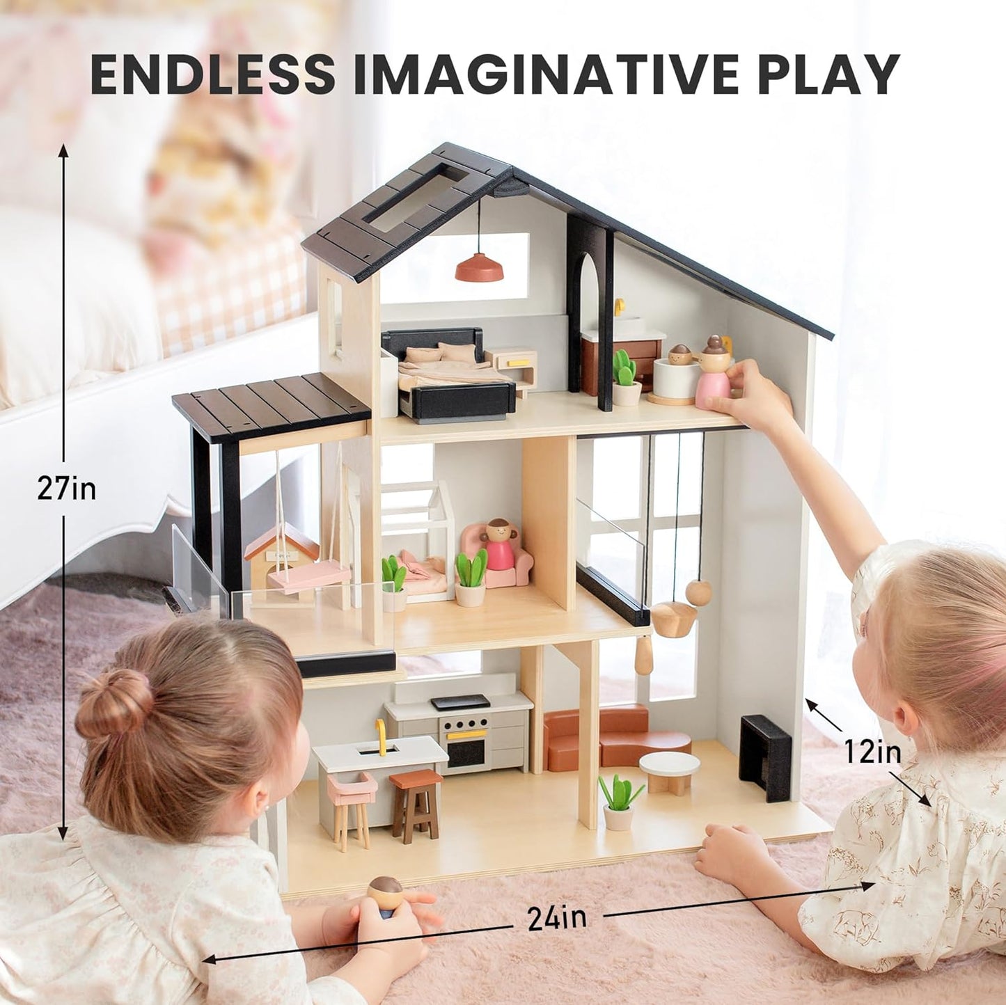 Tiny Land Doll House, Modern Family Dollhouse with Realistic Design, Wooden Dollhouse with 53Pcs Furniture - Ideal Gift for K