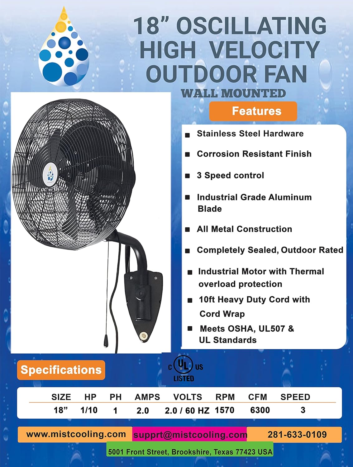 Outdoor Fan - Wall Mount Fan - Misting Fan | Patio Misting, Restaurant Patio misting, Warehouse Cooling | Oscillating Fan - Stainless Steel Misting