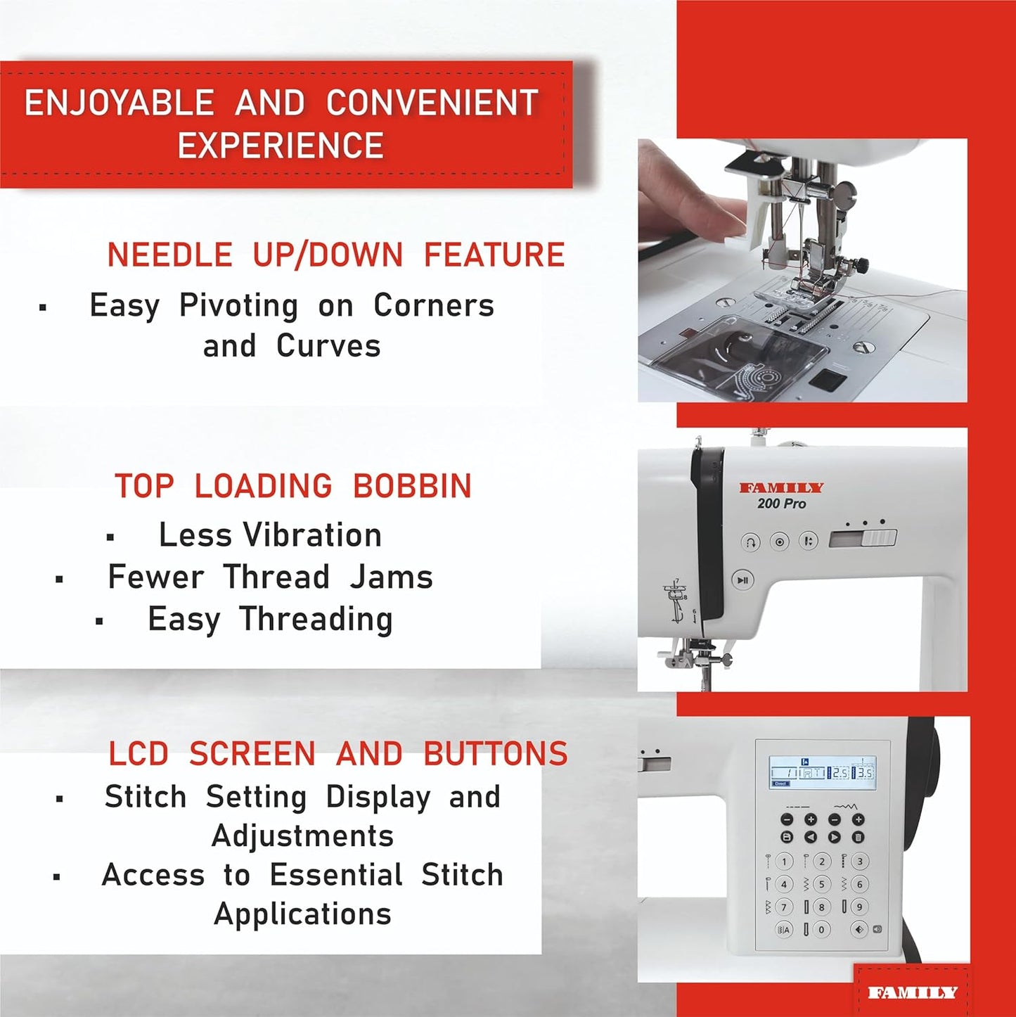 FAMILY 200 PRO|Computerized Heavy Duty Sewing Machine with Top Loading Bobbin (Horizontal Rotary Hook), 203 Stitch Applica