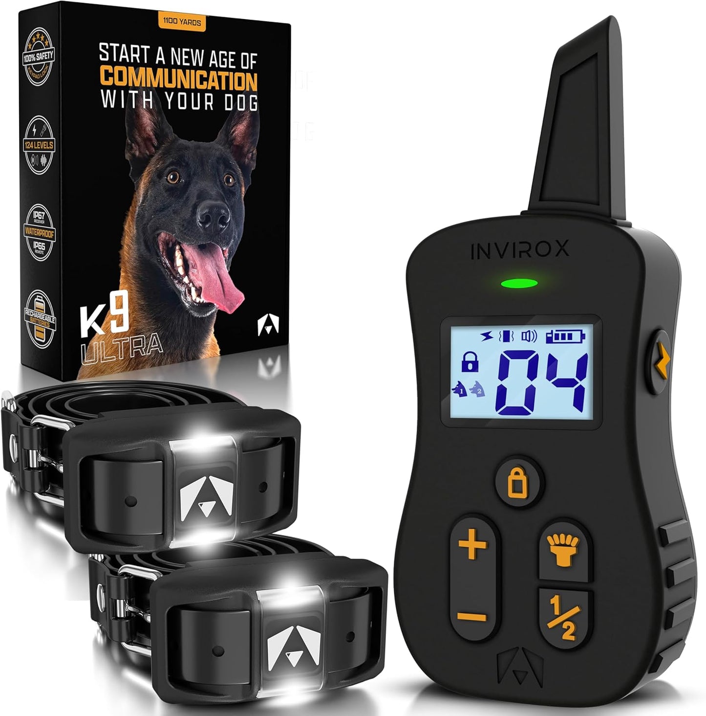 INVIROX Dog Shock Collars [Ultra K9 X2] 124 Training Levels, 4 Powerful Modes with Night-Light and  Mile Range 100% Safe Dog Training Collar System