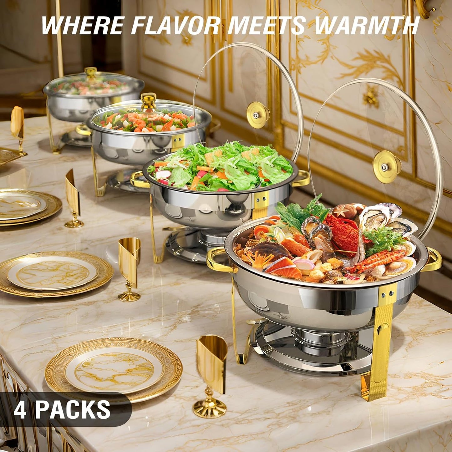 PitInnov Chafing Dish Buffet Set 4 Pack, 5 QT Round Chafing Dishes for Buffet, Stainless Steel Chafers and Buffet Warmers Sets, Catering Food Warmer