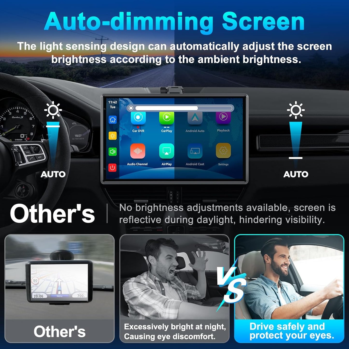 Eoyaa Wireless Portable Carplay Screen with 4K Dash Cam, Android Auto, 9&#39;&#39; Auto-Dimming Screen with Strongest Suctio