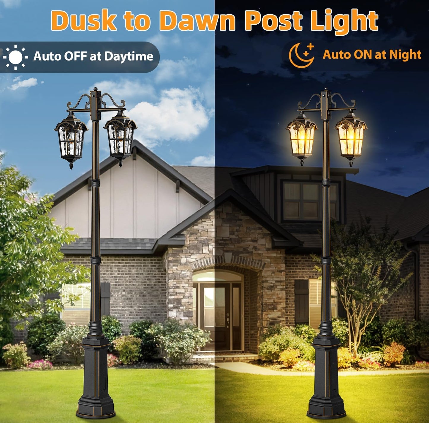 Outdoor Lamp Post Light with GFCI Outlet, Dusk to Dawn, Double Headed