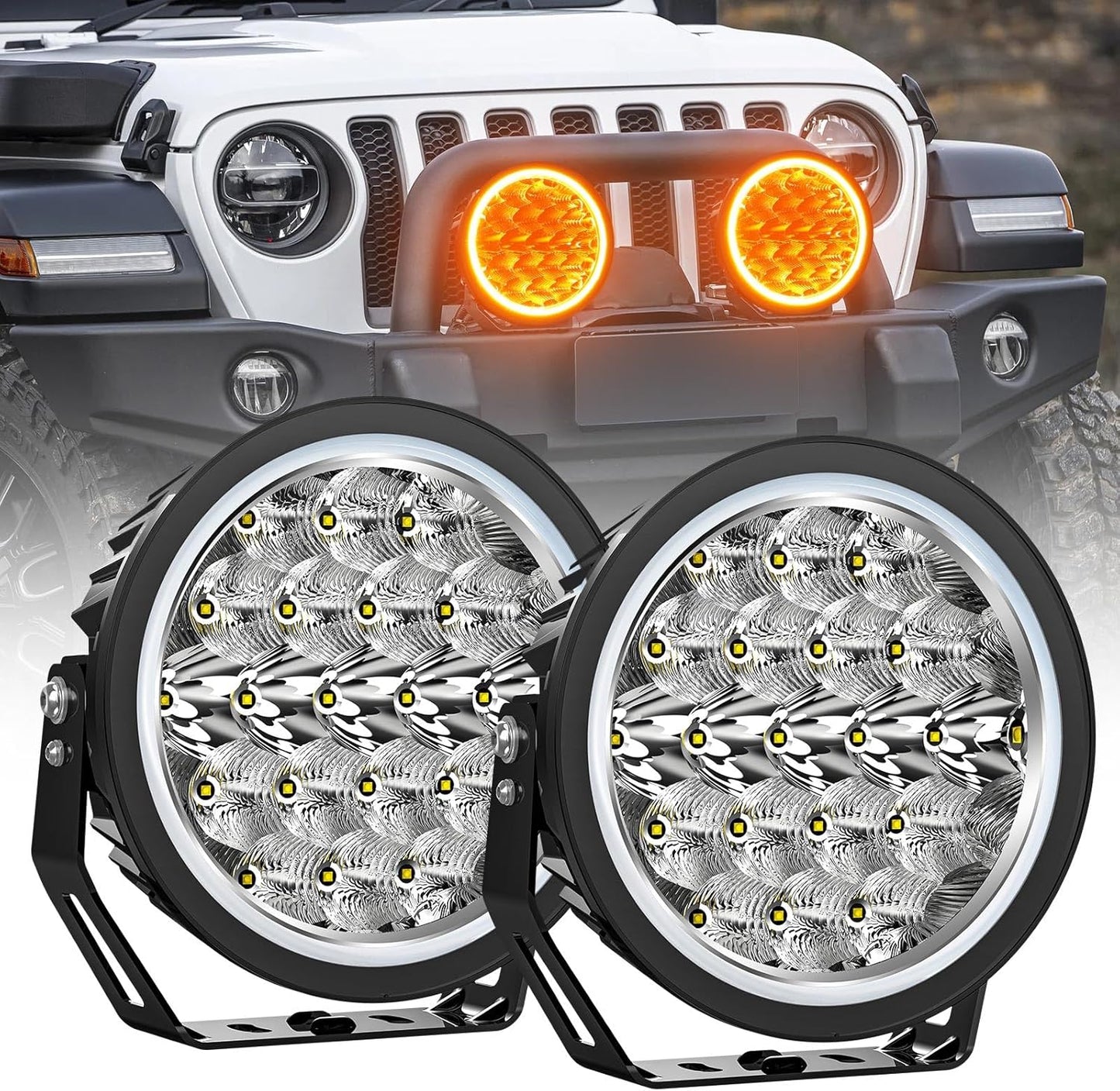 9 Inch Off Road LED Driving Lights with White/Amber DRL, 1000% Brighter 2PCS 40000LM Round Work Lights for PickUp/Truck Combo Beam