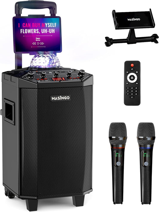 MASINGO New Karaoke Machine for Adults and Kids with 2 Bluetooth Wireless Microphones. Portable Singing PA Speaker System with Party Lights, Lyrics Display Holder, and TV Cable. Festoso X9