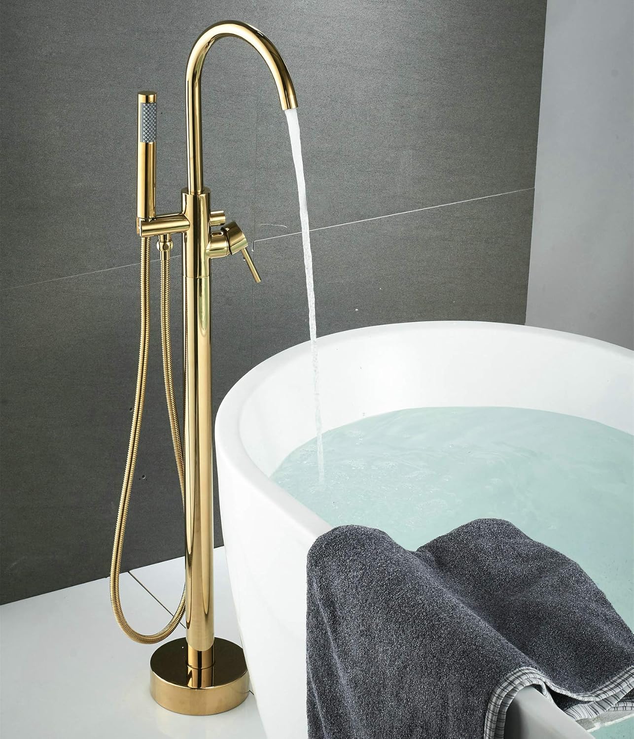 Freestanding Bathtub Faucet Tub Floor Mount Bathroom Faucets with 2 Function Handheld 360 Degree Swivel Standing Gold Bahtroom Faucet GT31001G