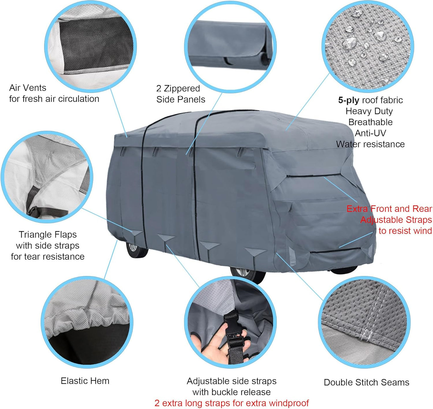 Class C RV Camper Cover 5 Layers with Reinforced Windproof Side-Straps Anti-UV Water-resistance Heavy Duty