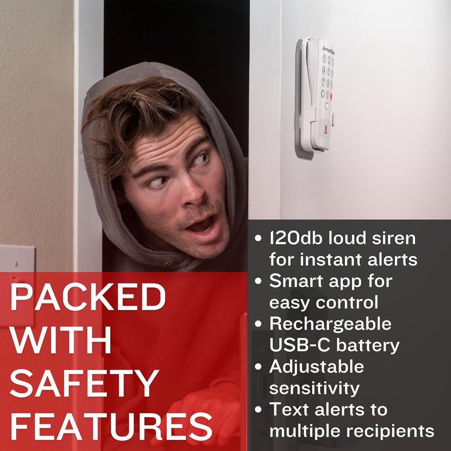 ArmorSiren - Portable Personal Security & Door Alarm with 120dB Siren, Motion Detection, Smartphone App Connectivity, and 30-Day Rechargeable Battery