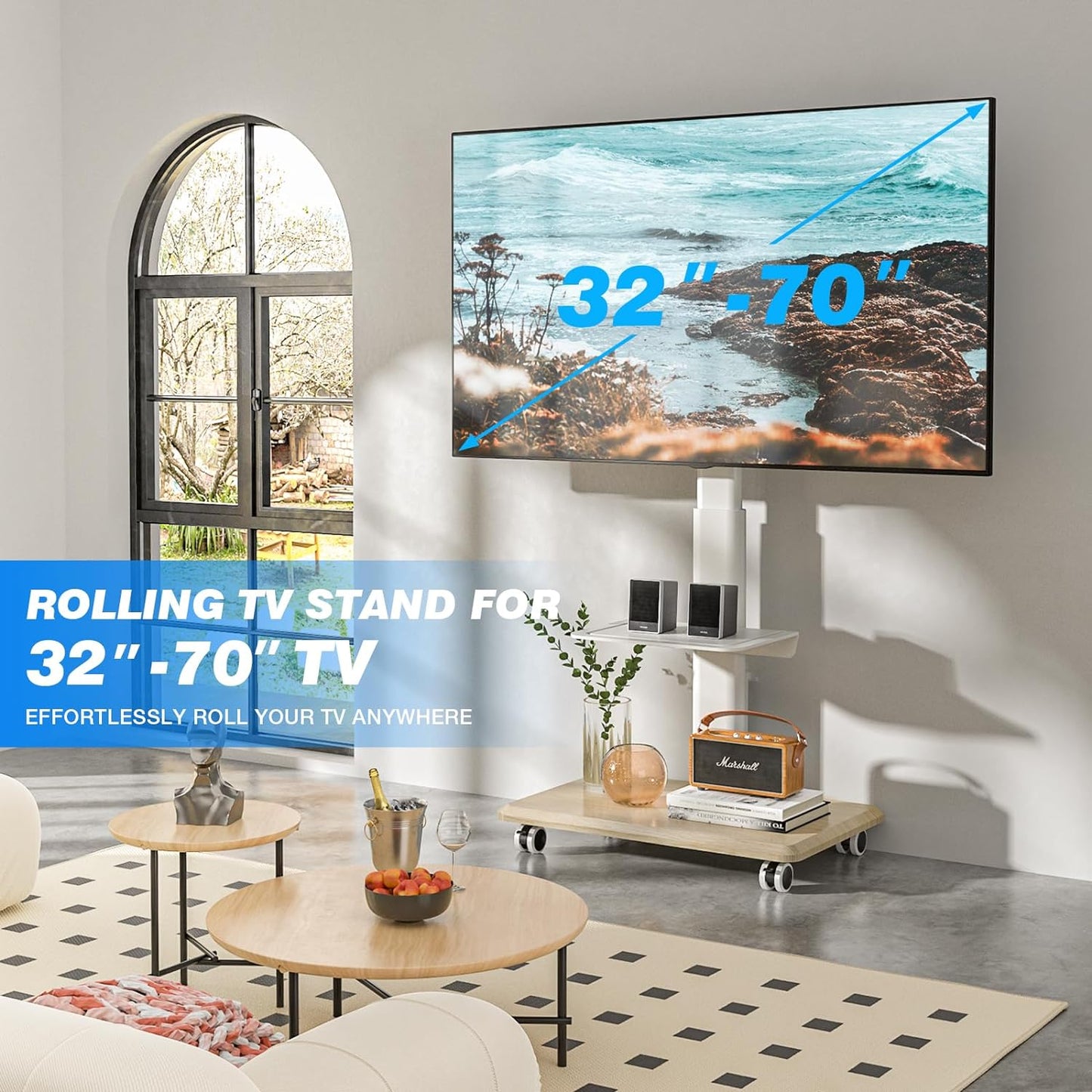 Sleek Rolling TV Stand with Power Outlet for Home Decor, Height Adjustable Portable TV Stand on Wheels for 32-70 Inch TVs, Strong Tall Mobile TV Cart with Mount Up to 88 lbs, White
