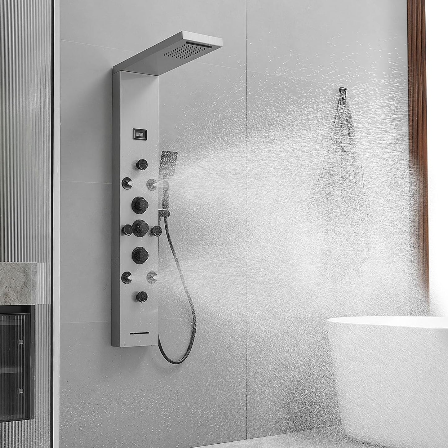 Shower Panel Rain Massage System with Adjustable Body Jets Mist Spray 6 in 1 Functions, Wall-Mount Shower Column