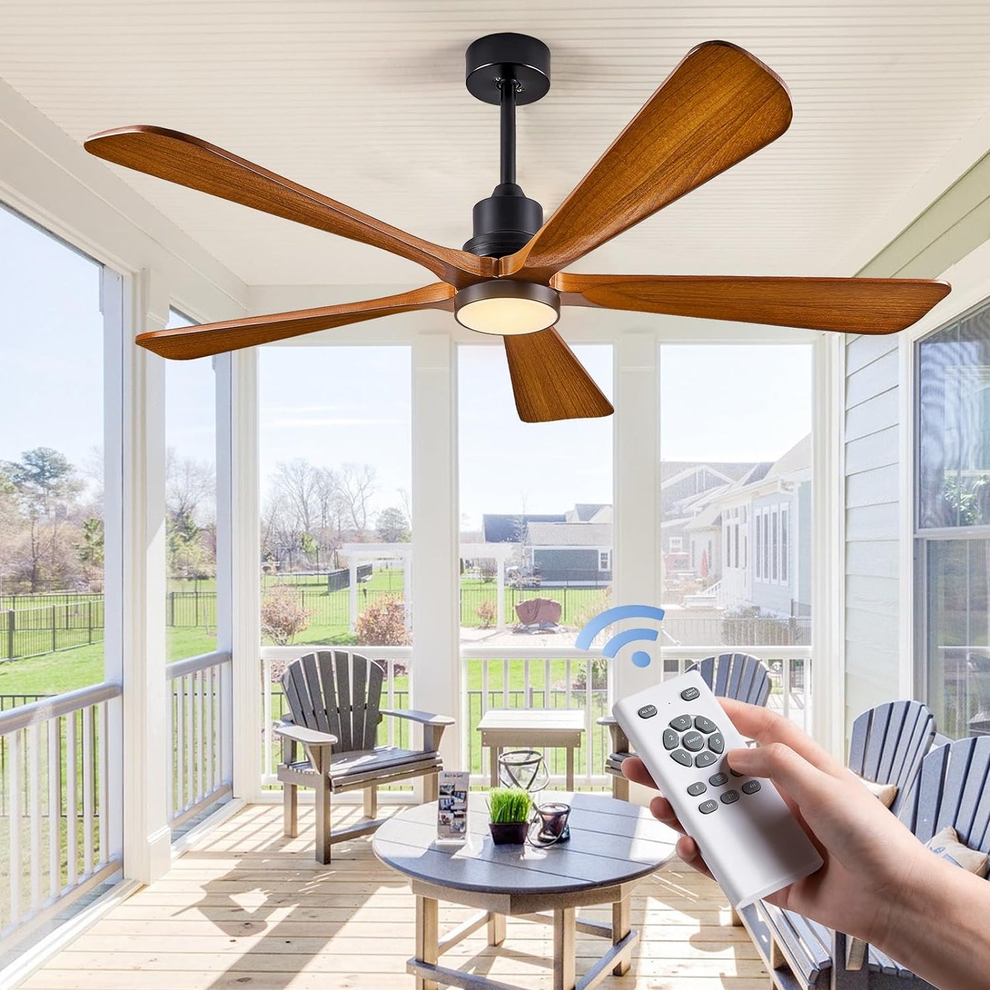 ABZ Ceiling Fans with Lights Remote Control - 52 inch Outdoor Indoor 5 Walnut Wood Blades Modern Ceiling Fan DC Reversible Motor for Patio Bedroom