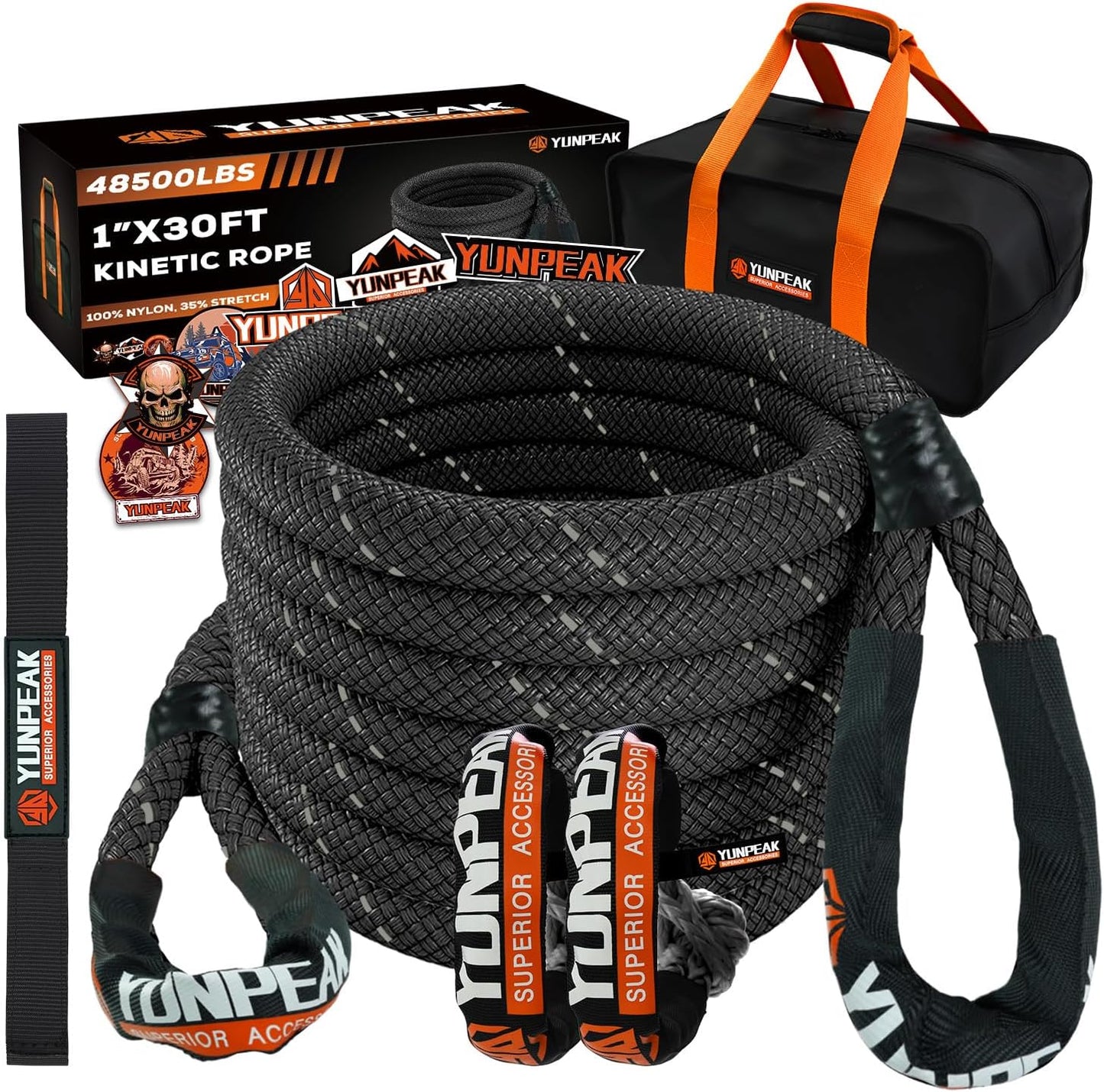 YUNPEAK Kinetic Recovery Rope 48500 Lbs (1&#34; x30ft Black) with 2 Soft Shackles, Heavy Duty 35% Elasticity Energy Snatch Strap Kit for SUV UTV ATV