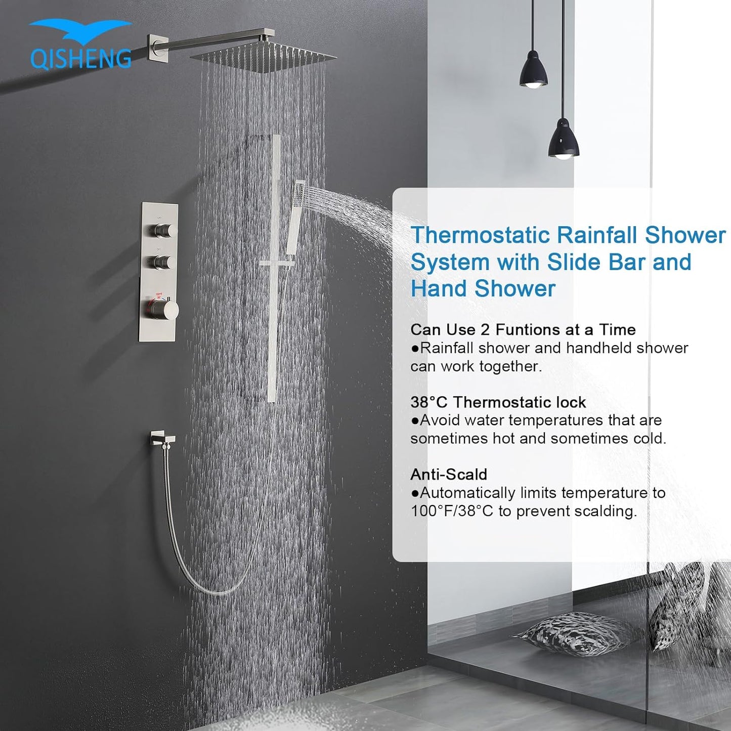Thermostatic Shower Systems With Rain Shower Head and Handheld Spray