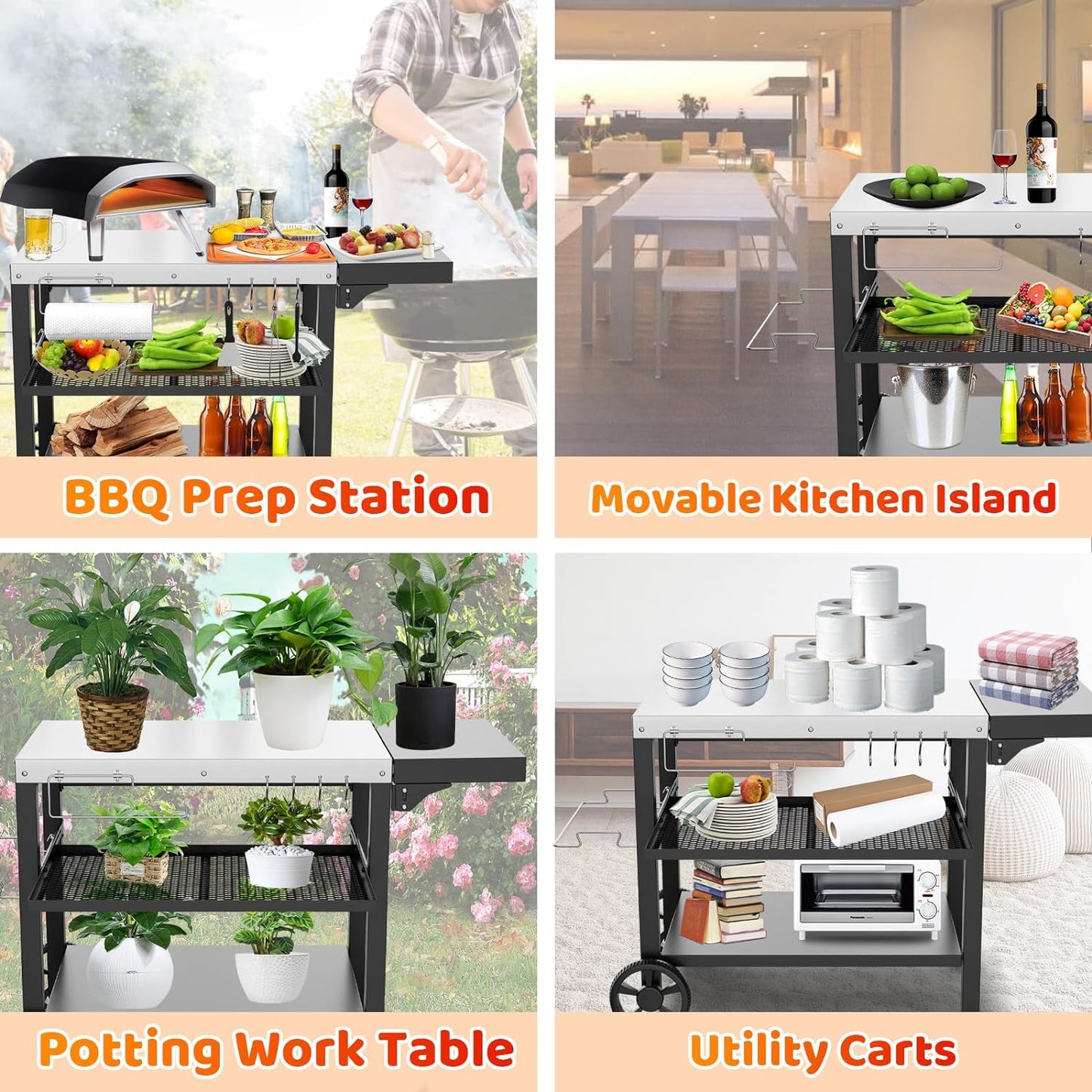 Three-Shelf Movable Cart with Food Prep Worktable, Drawer & Side Table