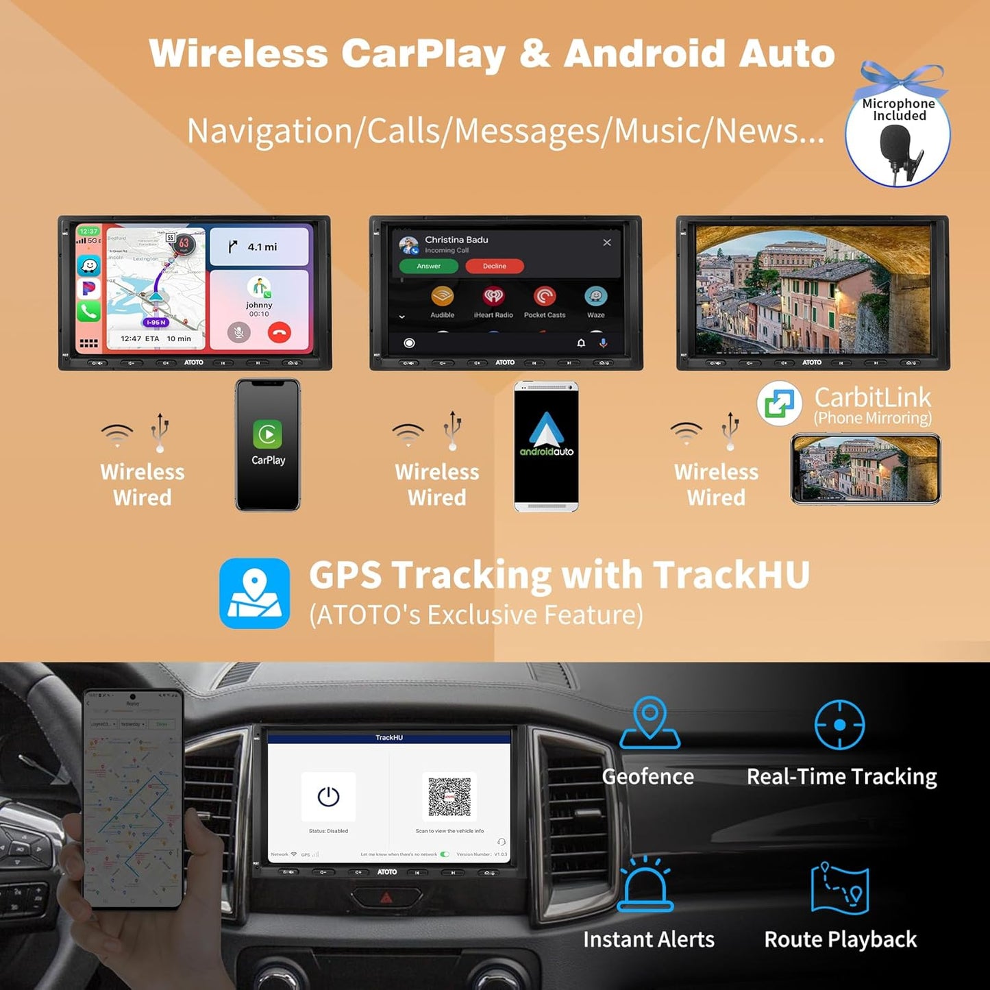 S8 7inch Android Double Din Car Stereo Receivers, Wireless CarPlay & Wireless Android Auto, Dual Bluetooth, Built-in 4