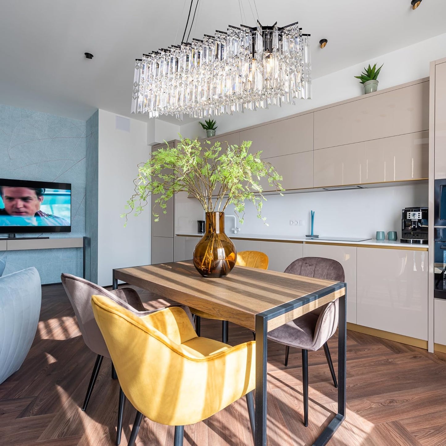 Crystal Chandelier 39'L Kitchen Island Lighting, Black Oval Chandelier over Kitchen Island Modern Hanging Ceiling Fixture