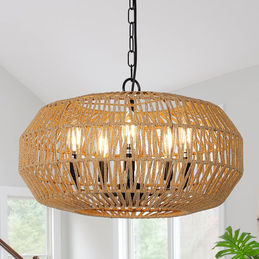 Stepeak Large Farmhouse Chandelier Light Fixtures, 5-Lights Boho Rattan Pendant Lighting with Woven Wicker Shade, Coastal Basket Chandeliers for