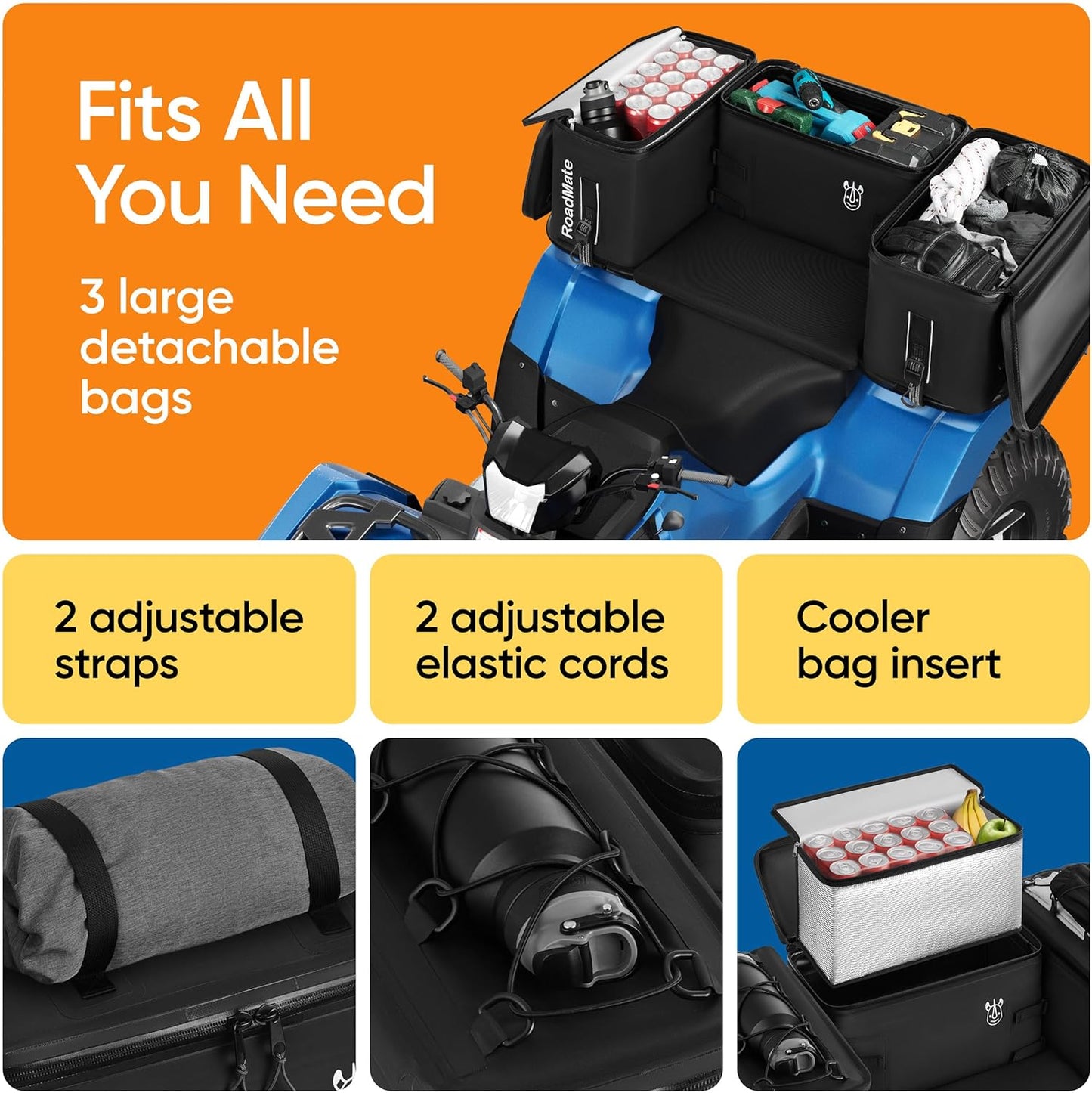 Multi-Purpose ATV Storage Bag Set | Padded, Reinforced Boxes | Fits Any ATV | Rear Seat Backrest | 3 Bags 18x9x10.2 inches Each | Essential Four