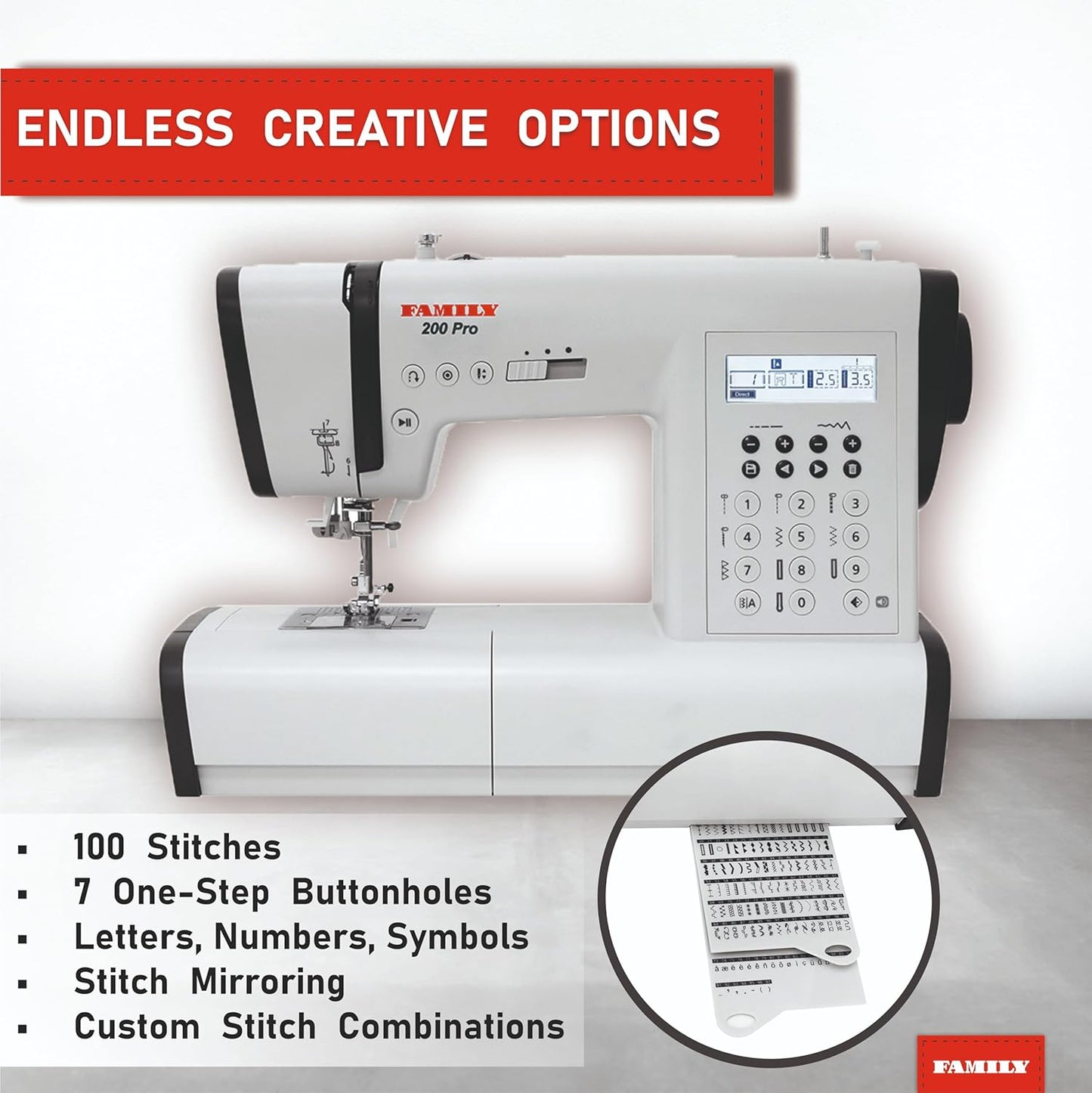 FAMILY 200 PRO|Computerized Heavy Duty Sewing Machine with Top Loading Bobbin (Horizontal Rotary Hook), 203 Stitch Applica