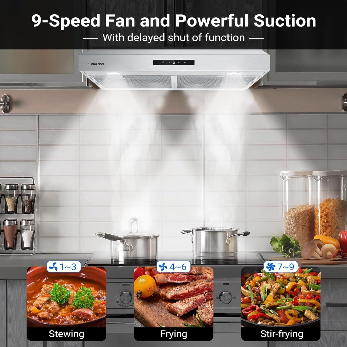 AMZCHEF Under Cabinet Range Hood 30 Inch,900CFM DC Motor Stainless Steel Kitchen Stove Vent Hood 9 Speed Exhaust Fan Touch Control LED lights Time Setting Dishwasher-Safe Filters