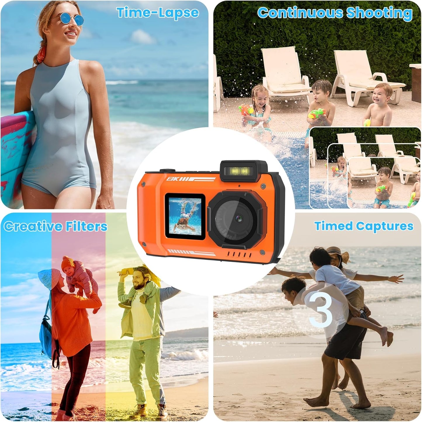 8K 70MP Digital Camera with 64G Card 33FT Underwater Camera Waterproof Camera Rugged Dustproof Shockproof for Snorkeling 18X Zoom Autofocus Selfie