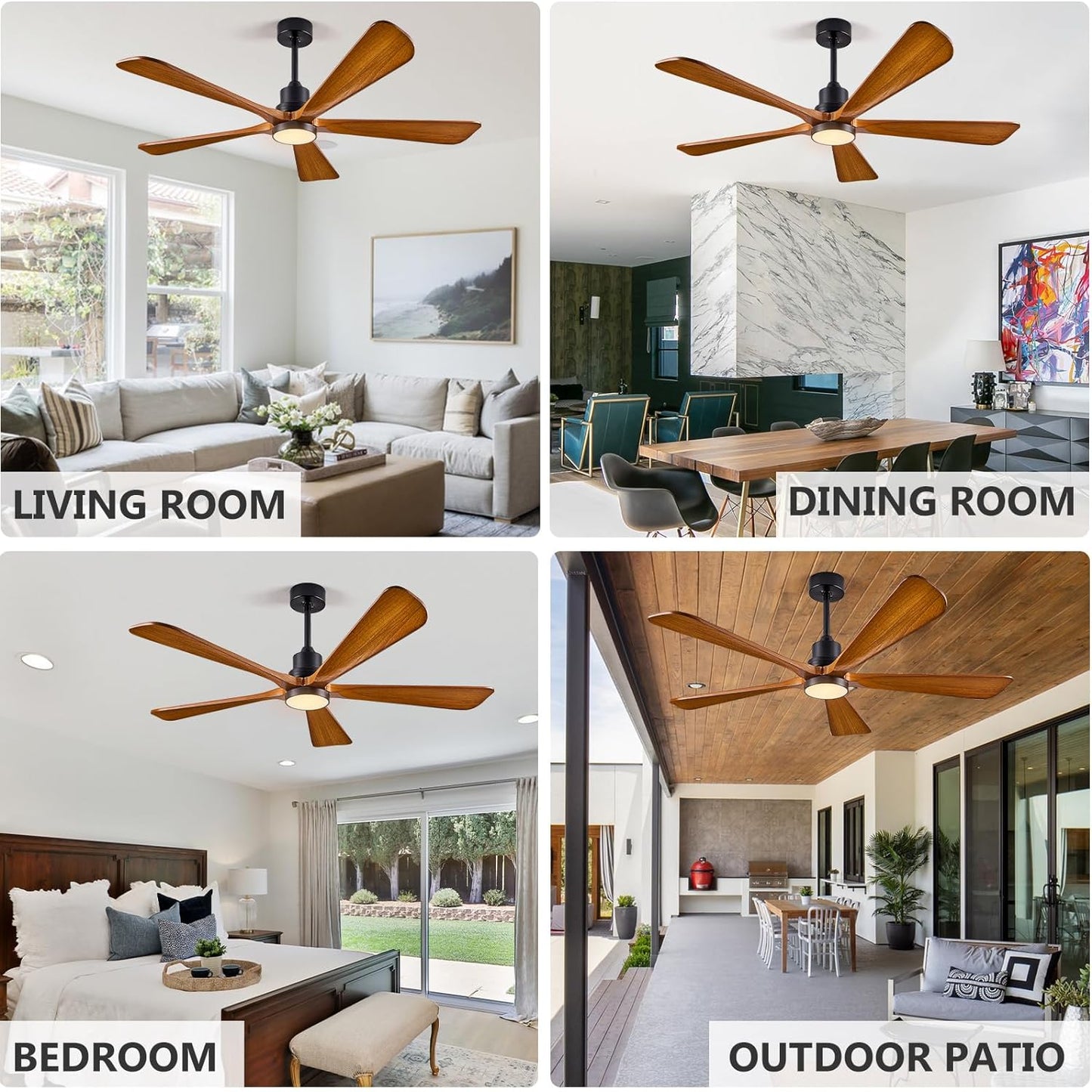 ABZ Ceiling Fans with Lights Remote Control - 52 inch Outdoor Indoor 5 Walnut Wood Blades Modern Ceiling Fan DC Reversible Motor for Patio Bedroom