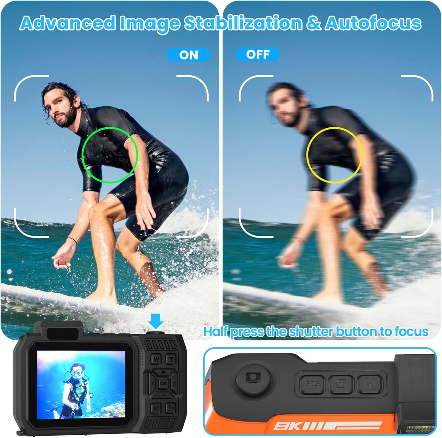 8K 70MP Digital Camera with 64G Card 33FT Underwater Camera Waterproof Camera Rugged Dustproof Shockproof for Snorkeling 18X Zoom Autofocus Selfie