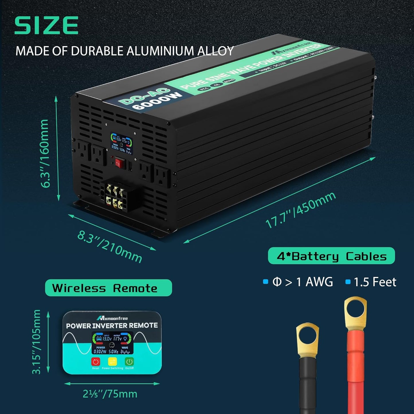 Mxmoonfree 6000W Pure Sine Wave Inverter 12V DC to 110V AC with Wireless Remote Control LCD Display 4 AC Outlets, 1 USB and Terminal Blocks for RV