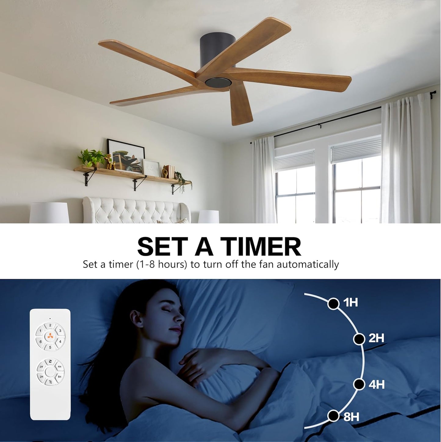 54 Inch Flush Mount DC Ceiling Fan without Lights, 5 Reversible Carved Wood Blades, 6-Speed Noiseless DC Motor, Hugger Ceiling Fan No Lights in Matte