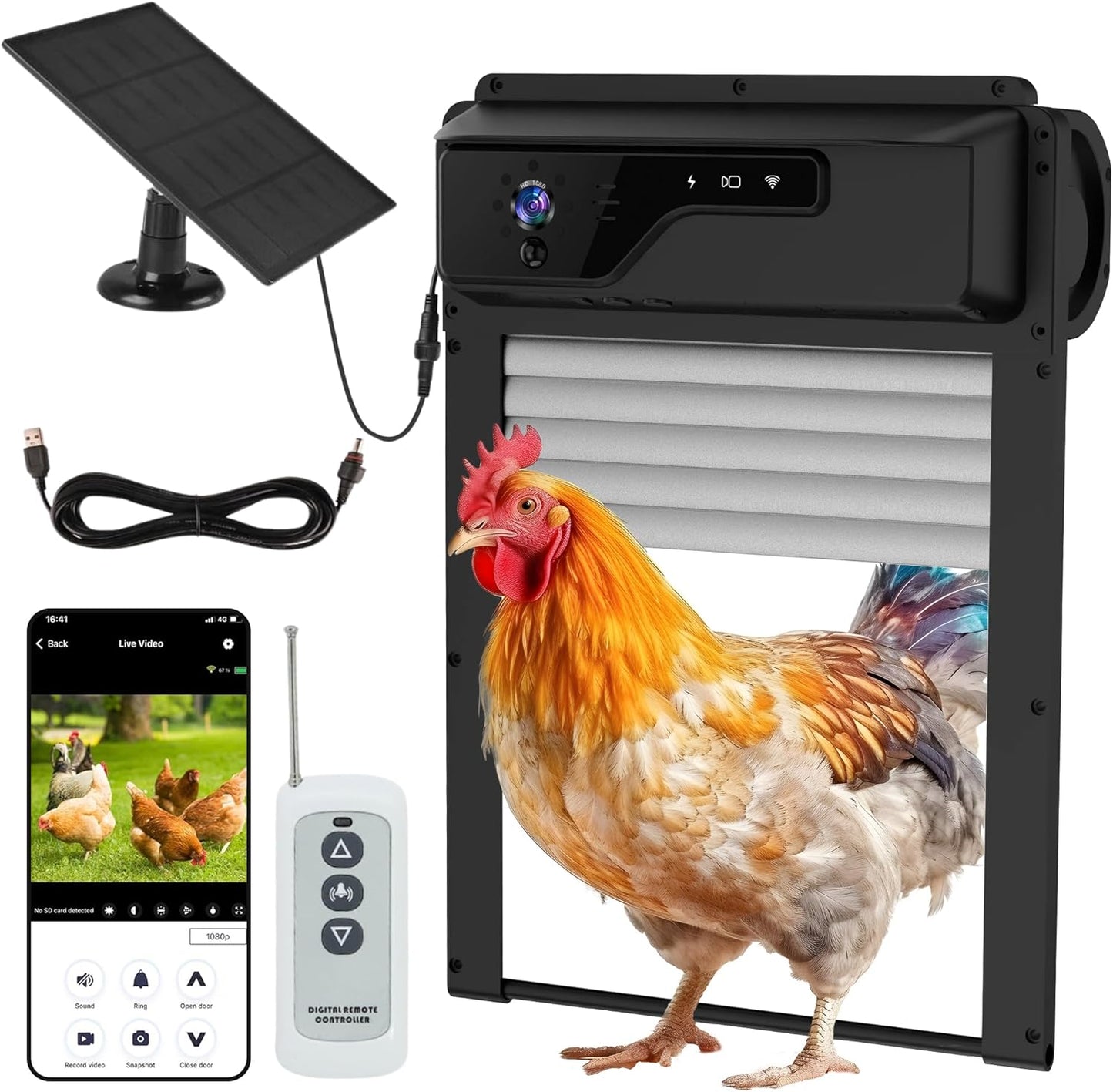 LofyJoy Automatic Chicken Coop Door - Solar Powered & WiFi Enabled Automatic Chicken Door with HD 1080P Camera, Timer, Sensor, Remote, Mobile App,