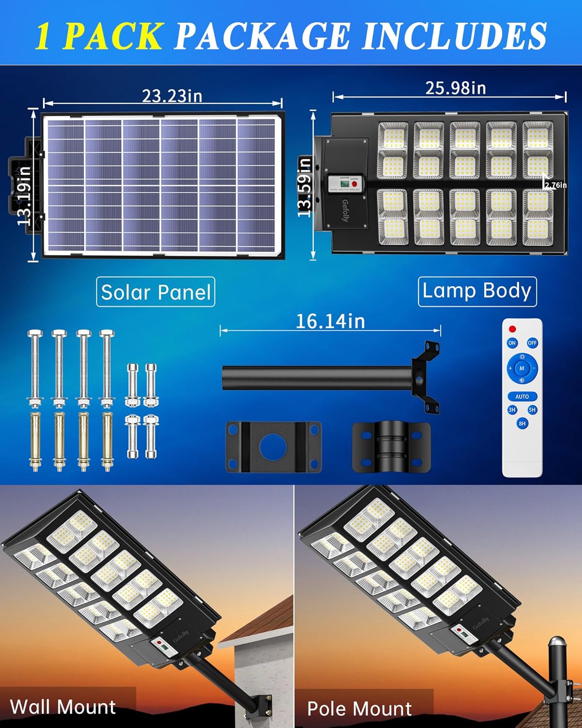 Gefolly 3200W Solar Street Lights Outdoor, 320000LM Commercial Parking Lot Light, 6500K Dusk to Dawn Solar Security Flood Lights Motion Sensor Solar