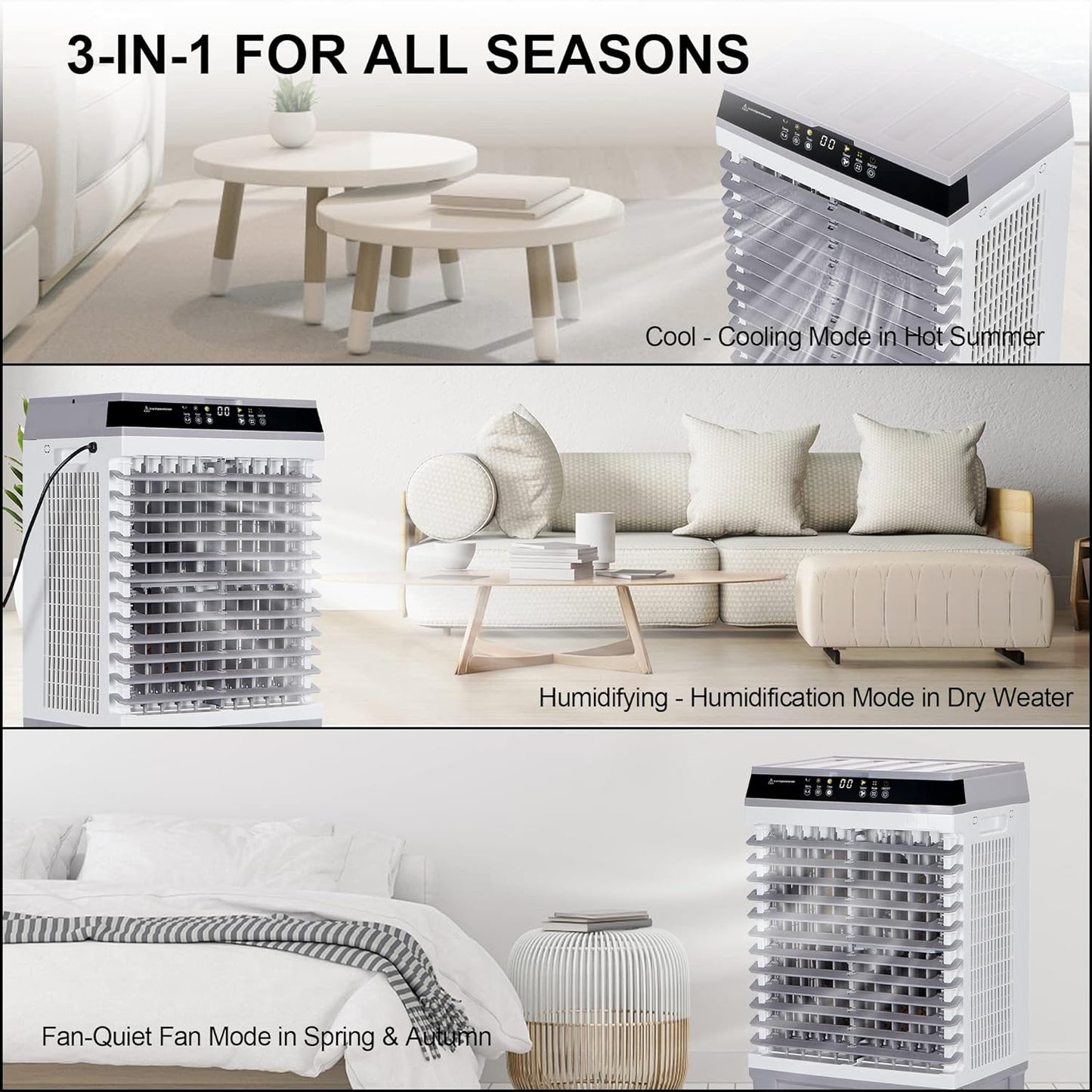 MEPTY Evaporative Air Cooler, 3-in-1 Cooler Fan, Personal Cooler with 3 Speeds and 9 Wind Effects for Home/Office/Bedroom