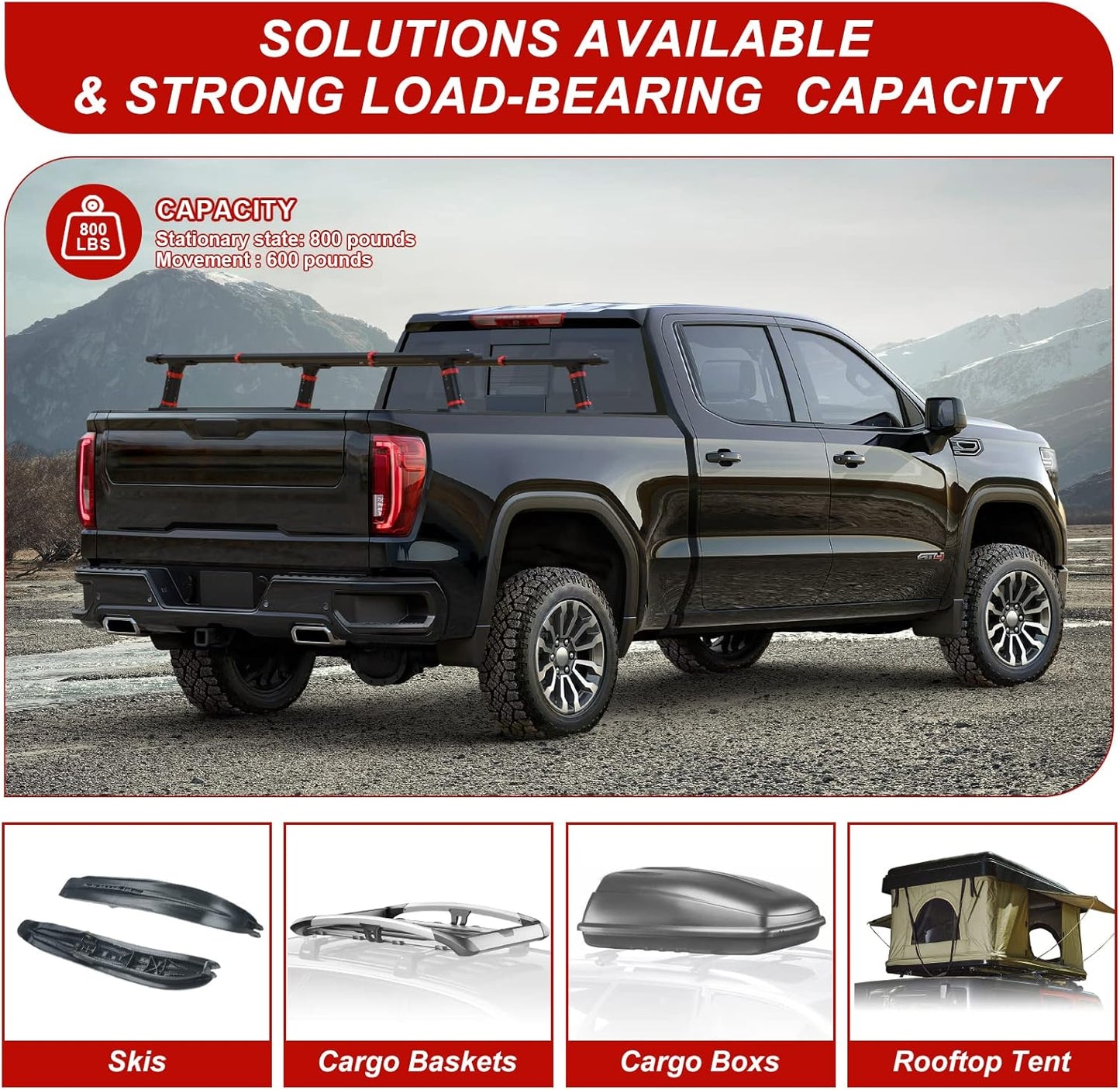 Truck Bed Rack, Aluminum Truck Bed Crossbars for Pick Up Truck with 800lbs Capacity, Adjustable Universal Truck Ladder