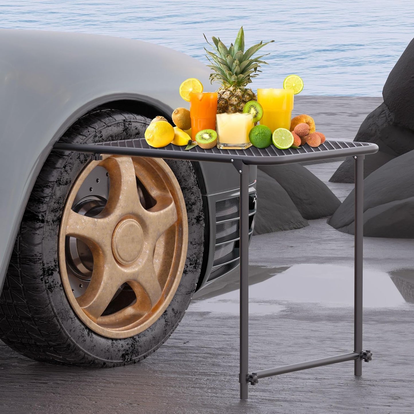 Diorssen Steel Tire Table, Adjustable,Your Essential Companion for Camping, Traveling, Tailgating and Outdoor Work, Stainless Steel for Off-Road Vehicles - Elegant Black, Large 30 x 20 x 2.9 inches