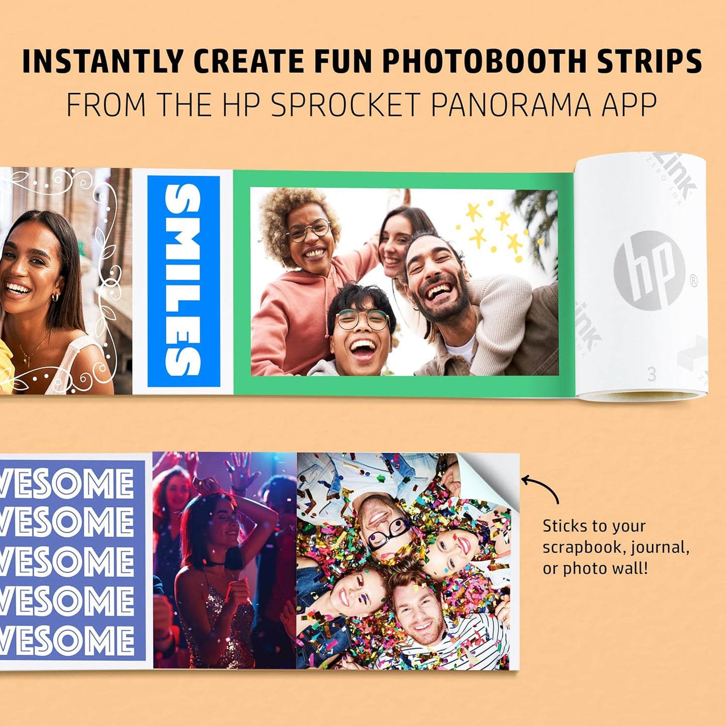 HP Sprocket Panorama Instant Portable Color Printer (Silver) 2 x .5- 9 Zink Sticky-Backed Paper Personalize Photobooth Strips, Labels in The App