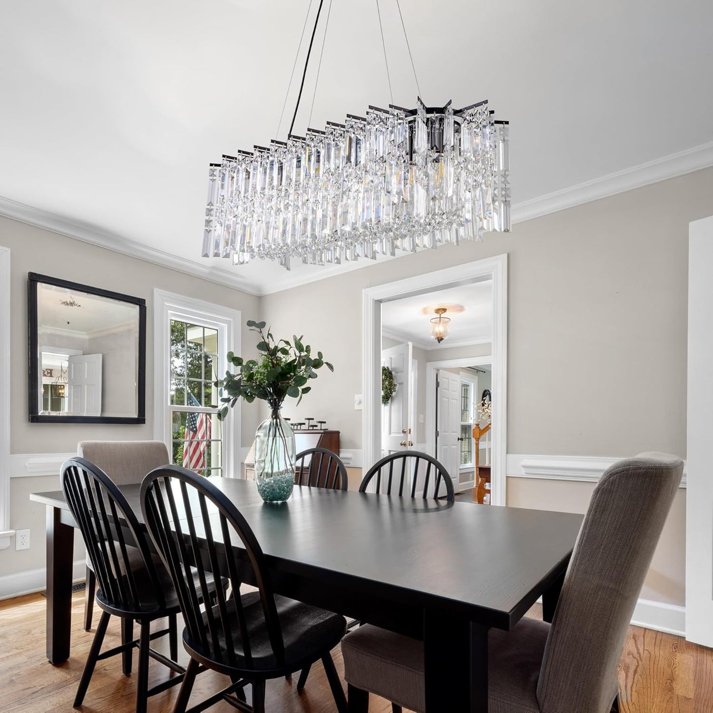 Crystal Chandelier 39'L Kitchen Island Lighting, Black Oval Chandelier over Kitchen Island Modern Hanging Ceiling Fixture