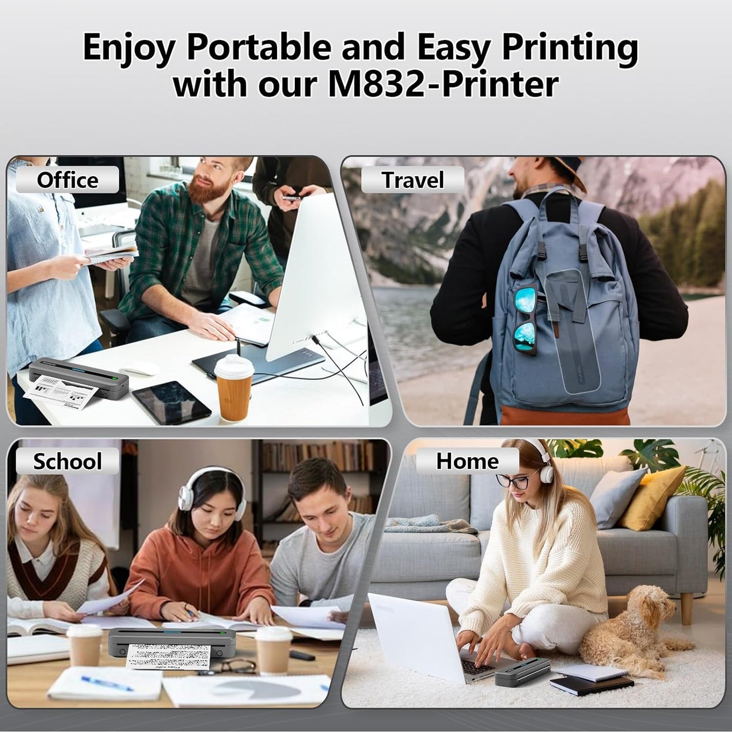 Portable Inkless Thermal Wireless (Bluetooth) Printer for Travel, M832  Support 8.5'' x 11'' Letter & A4 Paper