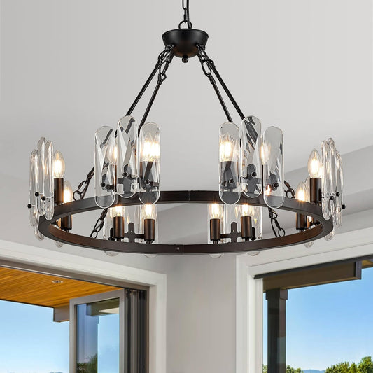 Modern Industrial 31.5' Black Wagon Wheel Crystal Chandelier for Dining Room, Large Glam Luxury 16-Light Round Pendant Ceiling Light Fixtures for