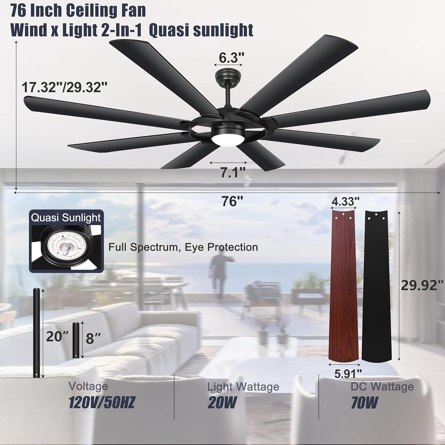 Ohniyou 76 inch Large Ceiling Fans with Lights and Remote, 8 Wood Blades White Outdoor Modern Industrial LED Lights Ceiling Fans with Reversible