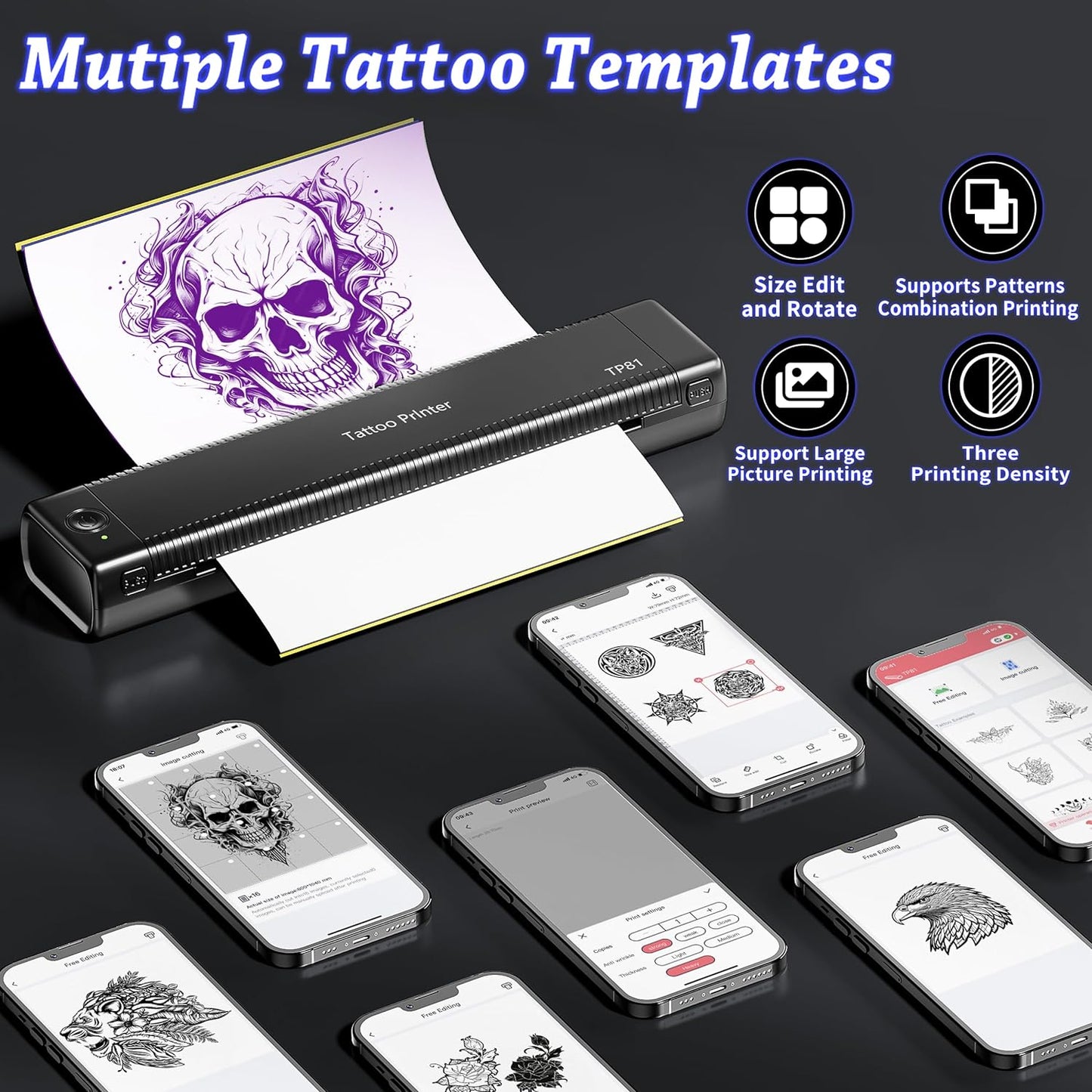 TP81Wireless Bluetooth Tattoo Stencil Printer with 10pcs Tattoo Transfer Paper for Temporary Tattoos