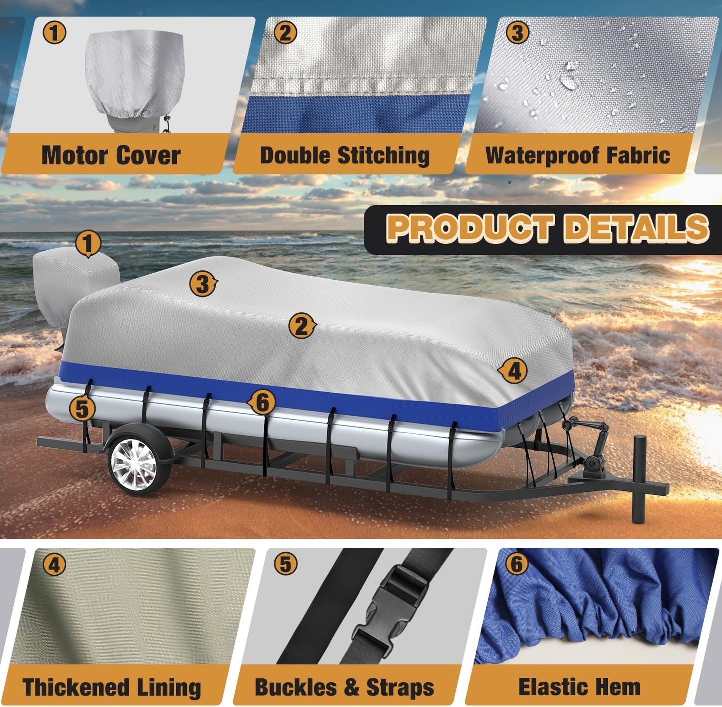 Pontoon Boat Cover with Motor Cover: Pontoon Cover Heavy Duty 800D Solution-Dyed Polyester UV Resistant Marine Grade Waterproof Pontoon Boat Covers