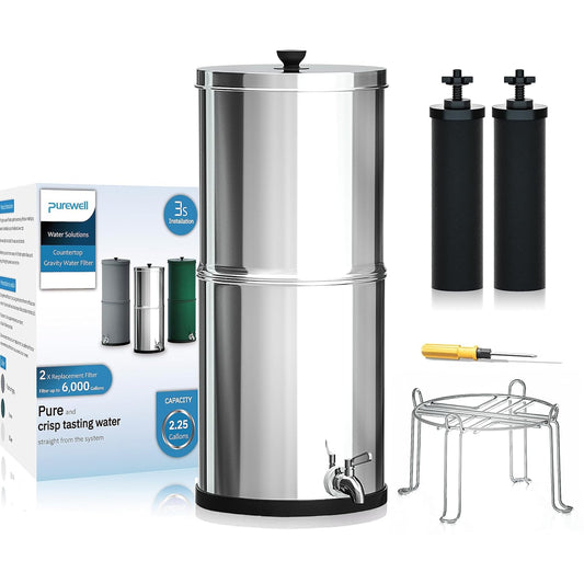 Purewell Gravity-fed Water Filter System, NSF/ANSI 372 Certification, 304 Stainless Steel Countertop System with 2 Filters, Reduce up to 99% Chlorine, 2.25 Gallon