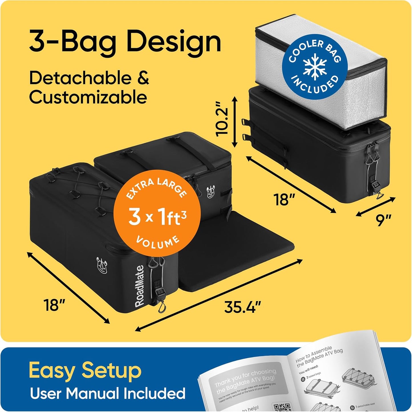 Multi-Purpose ATV Storage Bag Set | Padded, Reinforced Boxes | Fits Any ATV | Rear Seat Backrest | 3 Bags 18x9x10.2 inches Each | Essential Four