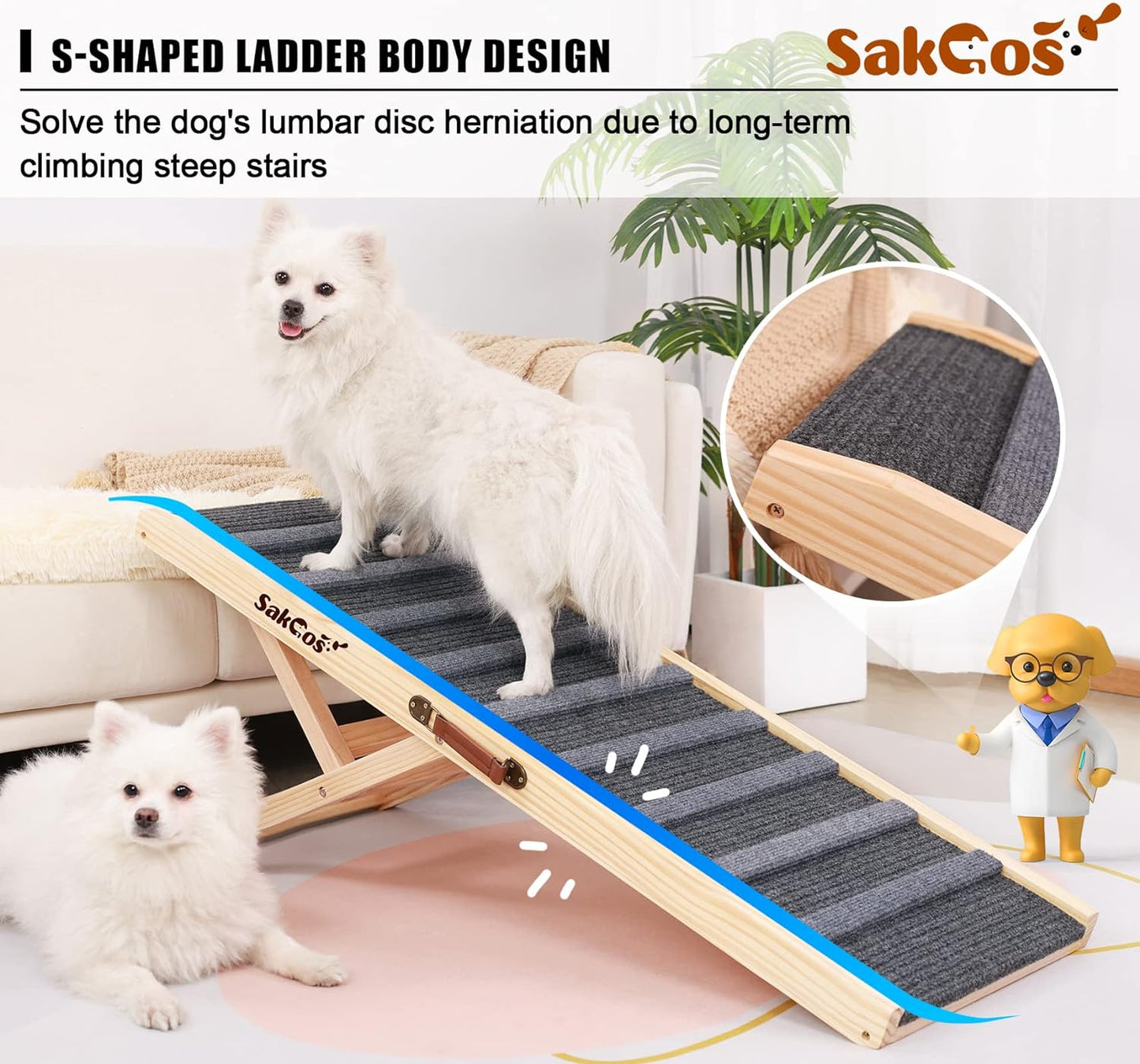 Sakgos Dog Ramp for Bed Wooden Dog Ramps for High Beds Adjustable Dog Ramp for Car Portable Pet Ramps for Large Dogs Get on Bed and Couch Folding Dog Bed Ramp, Non-Slip Carpet Surface 5 Levels,250lbs